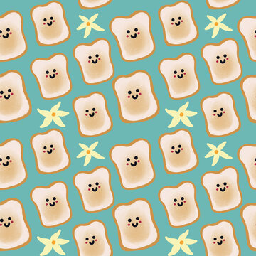 Hand drawn cute cartoon smiley toast seamless pattern