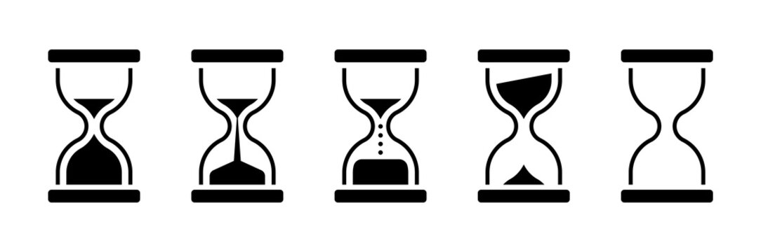 Hourglass sand glass vector icon set. Sand timer sequence showing time passing, countdown, deadline, and waiting process in solid silhouette style.