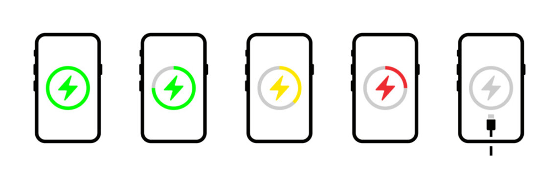 Smartphone battery charging status vector icon set. Mobile phone battery level indicator with lightning bolt, MagSafe wireless charging, and cable symbols.