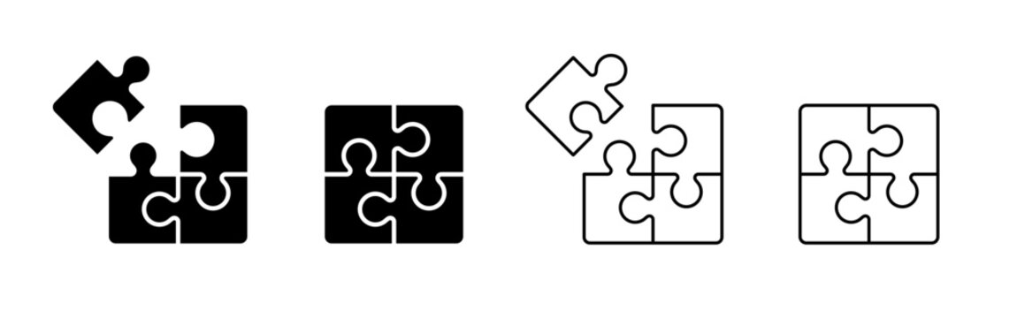 Jigsaw puzzle pieces vector icon set. Solution, problem solving, teamwork, connection, and integration concept symbols in solid black and thin line styles.