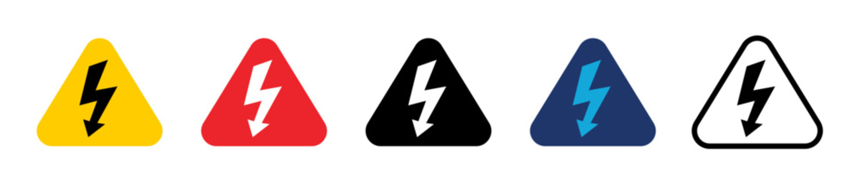 High voltage hazard warning vector icon set. Electricity danger triangle sign with lightning bolt symbol in yellow, red, black, blue, and line art styles.