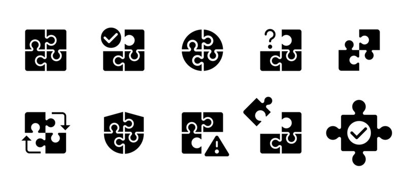 Business puzzle solution vector icon set. Jigsaw pieces with checkmark, shield security, warning alert, search, and teamwork strategy symbols in solid silhouette style.