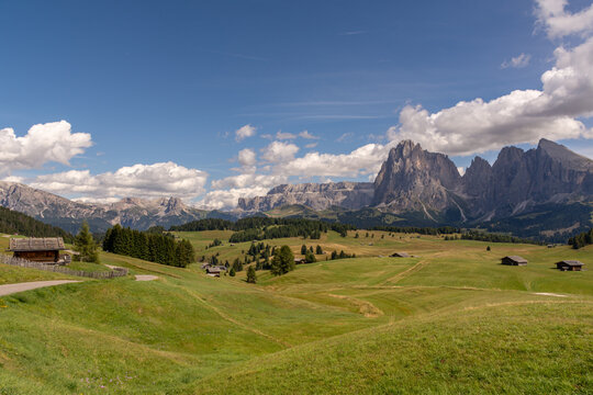 Seis, Italy - August 26, 2026 Wooden cabins on the meadow of Seiser Alm
