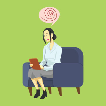 Confused Woman Sitting on Sofa Holding Tablet with Spiral Thought Bubb