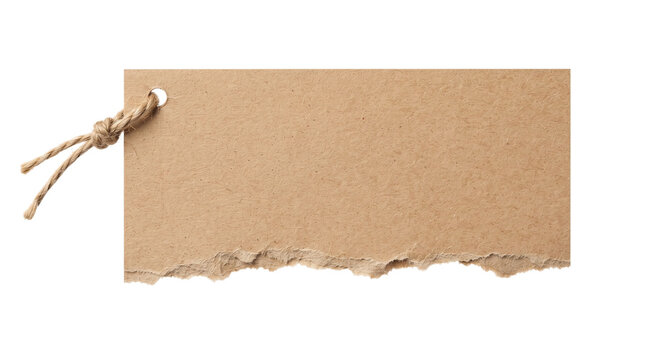Rectangular kraft paper tag with torn bottom edge and attached jute twine string as PNG asset