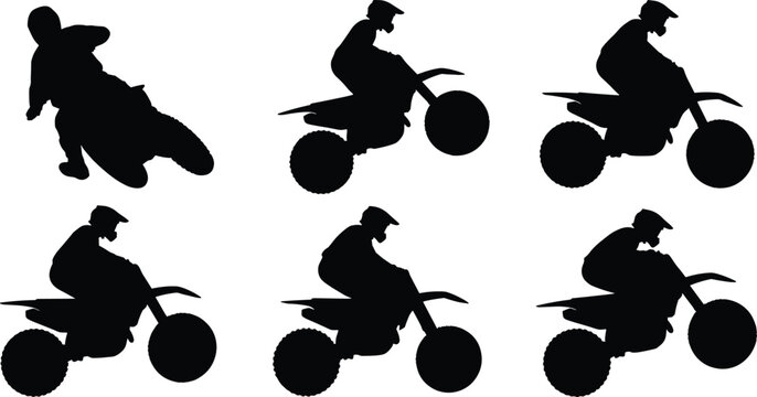 Motocross Dirt Bike Rider Silhouettes Set in Motion, Jumping and Racing Isolated on White Background