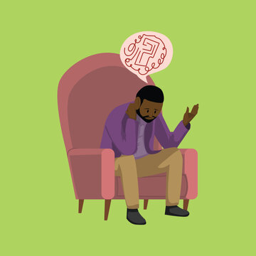Confused Man Sitting in Armchair with Maze Thought Bubble