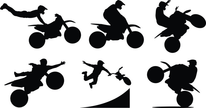 Motocross and Dirt Bike Rider Silhouettes Performing Extreme Freestyle Stunts and Jumps Isolated on White