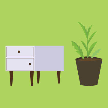 Mid Century Modern Dresser and Potted Plant Home Decor Vector