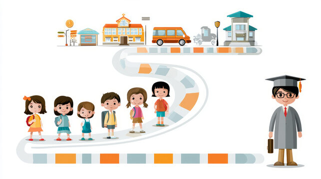Illustrated timeline showing diverse schoolchildren moving forward along a winding path past school buildings, transport, and learning milestones toward a graduate in cap and gown. 