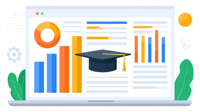 Modern flat illustration featuring a laptop screen displaying colorful bar charts, pie graphs, and data panels, overlaid with a graduation cap.