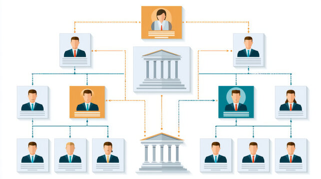 Clean vector diagram showing layered leadership structure with central institution building, connected departments, and team members.