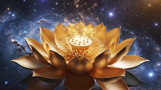 Glowing Golden Lotus Flower Blooming in Deep Cosmic Space Universe with Stars Glowing Dust Particles Background