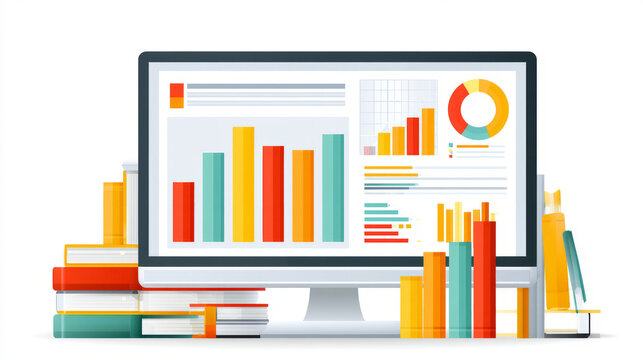 Modern illustration of a desktop computer displaying colorful bar graphs, pie charts, and data panels, framed by stacks of books and learning materials.