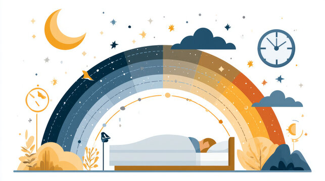 Illustrated timeline showing the gradual transition from night to day, with a sleeping person at the center. Crescent moon, stars, clocks, and layered color gradients represent healthy sleep patterns,