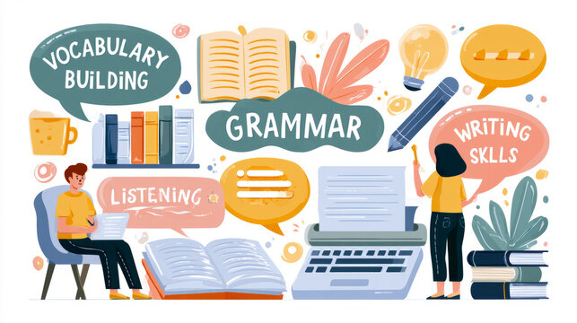Colorful educational graphic showing English language study elements.