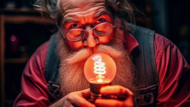 Bearded scientist examining glowing electric bulb in his workshop. Professional inventor with spectacles studies light source. Innovation and research discovery concept.
