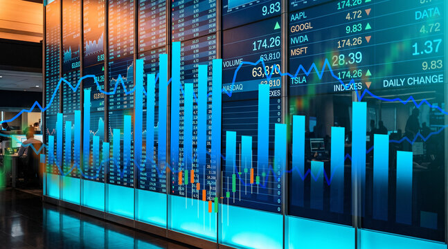 Modern stock exchange trading floor with large digital screens displaying financial charts, stock tickers, and bar graphs, signifying business and investment.