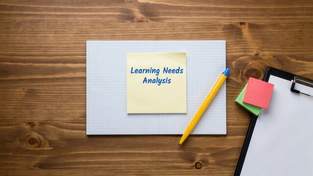 Learning needs analysis written on yellow sticky note placed over white grid paper with colorful pens on wooden office desk