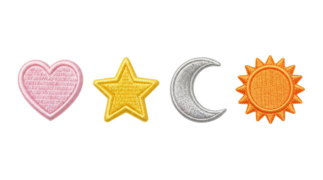 Set of four colorful embroidered patches depicting a heart star moon and sun as transparent PNG
