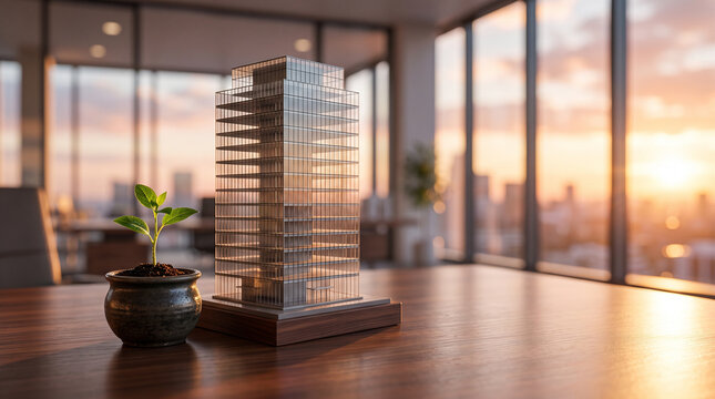 Architectural model of a skyscraper with a small plant on a desk at sunset