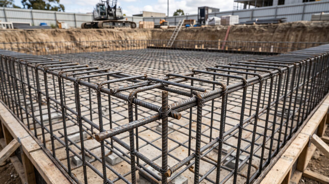 Steel rebar reinforcement cage for concrete foundation at construction site