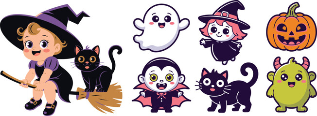 Obraz premium Adorable Halloween characters featuring a baby witch, black cat, friendly ghost, cute vampire, and a happy monster