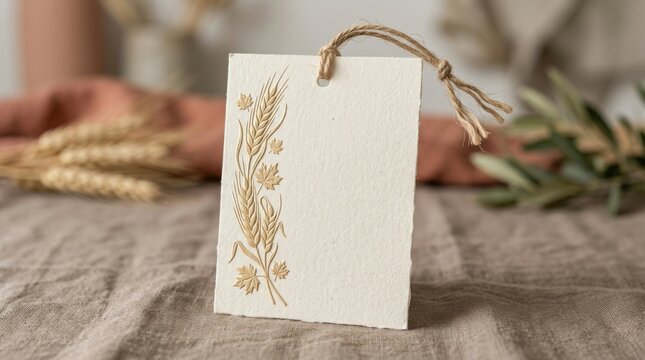 Thanksgiving Elegant wheat and olive branch gift tag on rustic table