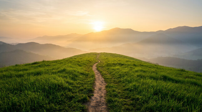 Dirt path through a green grassy hill at sunrise with mountain background