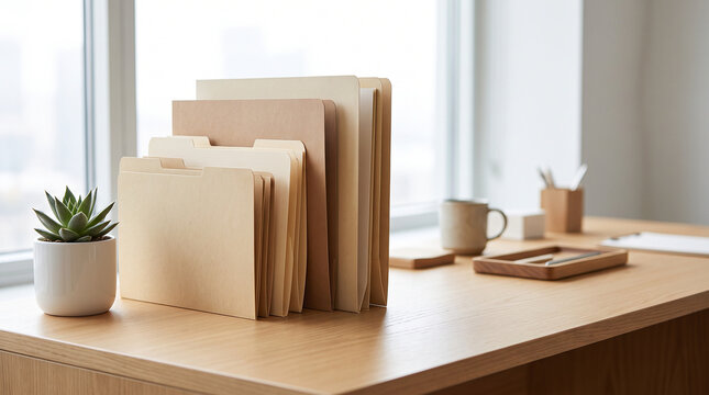 Manila folders on a wooden desk with succulent and coffee cup