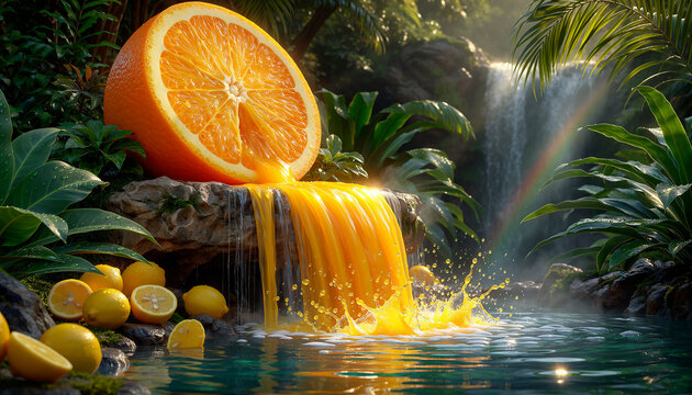 Surreal orange juice waterfall with giant citrus fruit in tropical jungle