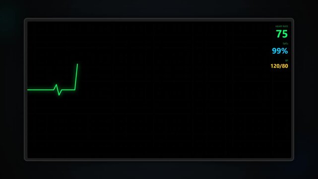 Futuristic ECG Monitor Animation on Black Screen with Heartbeat Line and Vital Signs, Medical Technology Background for Cardiology, Emergency, Hospital and Health Interface