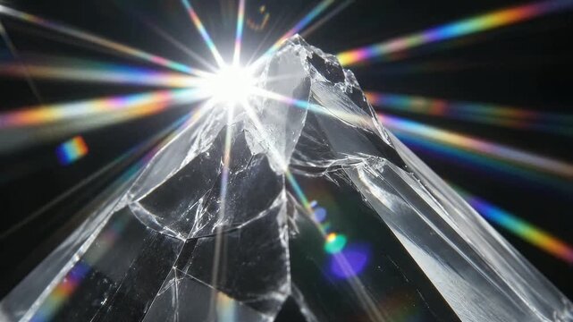 Macro closeup of faceted clear crystal refracting rainbow light flares