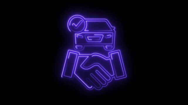 Neon car dealership handshake approved and checkmark icon animation on black background
