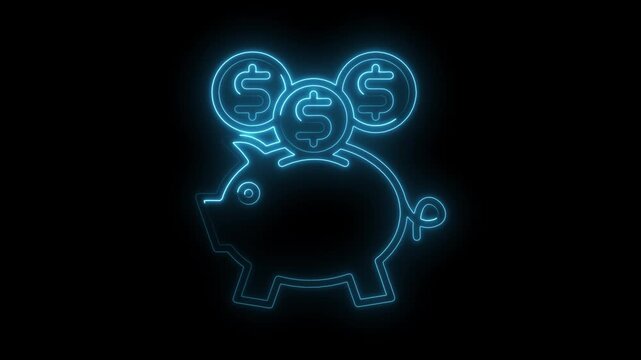 Neon piggy bank outline with coins falling in savings and financial concept