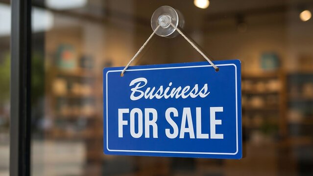 A blue rectangular sign with bold white text hanging on a glass storefront window indicating that a business is currently available for purchase