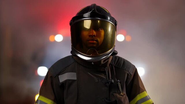 Medium portrait of a brave black firefighter wearing a modern European helmet with a wide visor. Professional first responder and emergency rescue concept