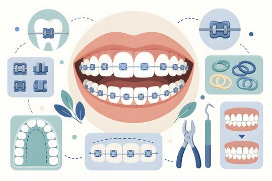 Orthodontic Braces Treatment and Teeth Alignment Vector Illustration