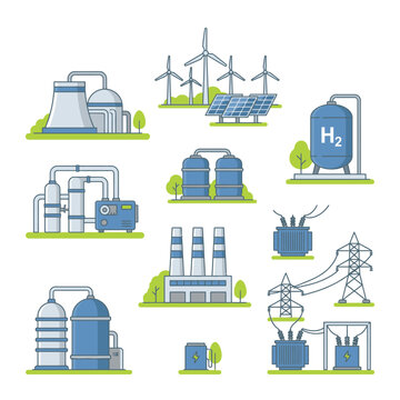 Clean Energy Production and Distribution Process Illustrated with Industrial Equipment and Renewable Sources