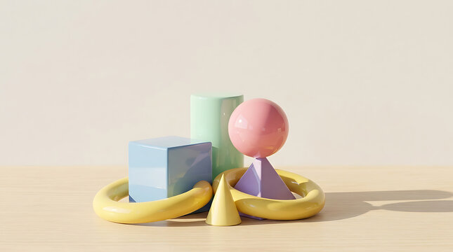 Low Angle Glossy Ceramic Isometric Shapes On Wood Surface With Warm Sunlight