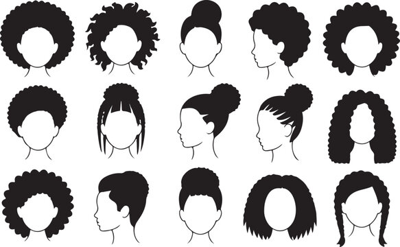 Collection of black and white vector illustrations depicting various afro hairstyles
