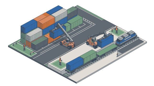 Dynamic Isometric of a Busy Container Terminal with Forklifts Trains and Colorful Shipping Containers