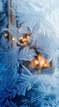 Intricate frozen frost patterns on glass window with warm Christmas bokeh lights in winter nature scene.