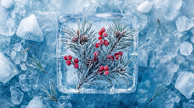 Frozen pine tree branch with red berries in ice, natural Christmas winter decoration background.