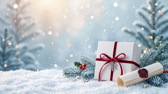 Christmas gift box with scroll in snowy winter nature forest surrounded by glowing fir trees.