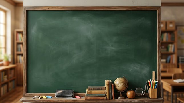 Empty classroom blackboard with books and supplies for world teachers day october 5th