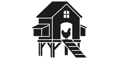 Chicken coop house icon with bird and ramp for rural farming and agriculture projects. © Visionix
