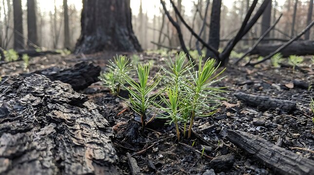 Young green tree seedlings emerging among charred tree trunks after wildfire, symbolizing forest recovery, natural regeneration, and ecological restoration