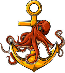 An orange octopus with a golden anchor in its mouth © gio