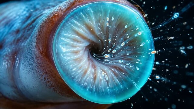 Close up of marine organism with glowing blue mouth swirling water and plankton